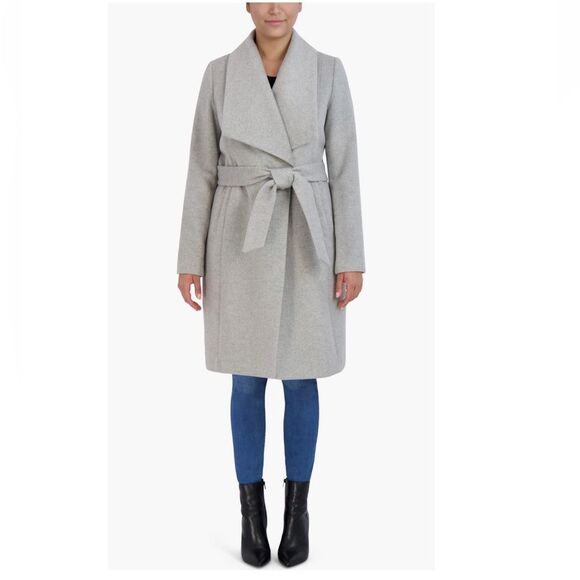 Cole Haan Signature Slick Wool Blend Wrap Shawl Collar Coat, Gray, Size 14, NWT - Picture 6 of 10